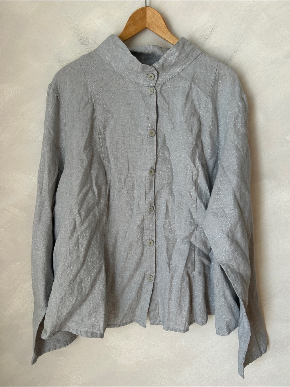 FLAX Lagenlook Mandarin Collar Shimmer Linen Minimalist Boho Button Down 1G